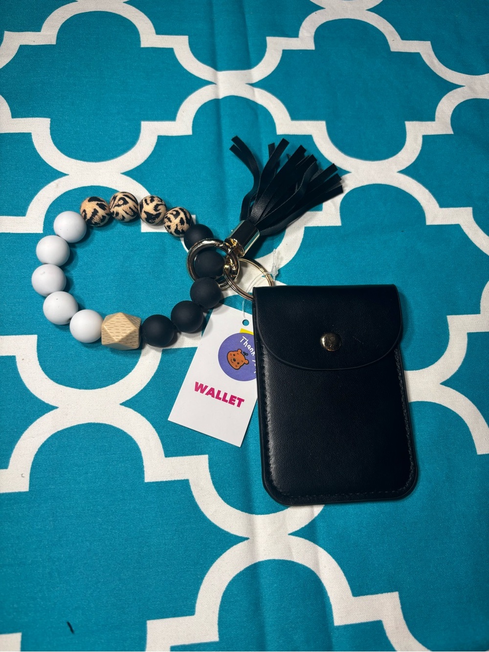 New Black Beaded Wristlet Card Wallet Keychain with Tassel